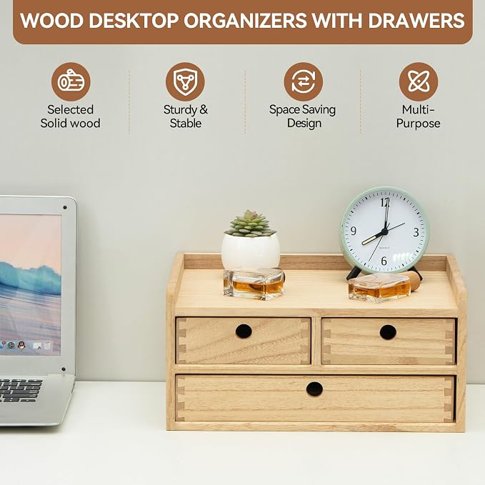 KIRIGEN Wooden Desk Organizer with 3 Drawers and Top Tray Natural DT2D3C-NA | 3-Drawer Cabinet with Top Shelf Stores Papers, Office Supplies, Cosmetics, Crafts, and Small Accessories on Desks or Counters