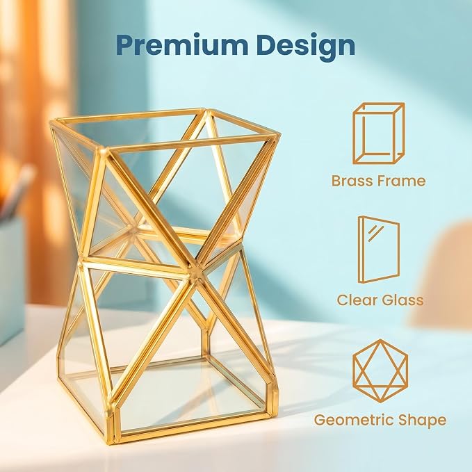 JIARI Glass Pen Holder Cup for Desk, Pencil Cup Holder, Gold Brass Frame Glass Pen Cup for Desk Office Pen Organizer 3.7 x 3.7 x 5.7 inche (Pencil Holder-D07B)