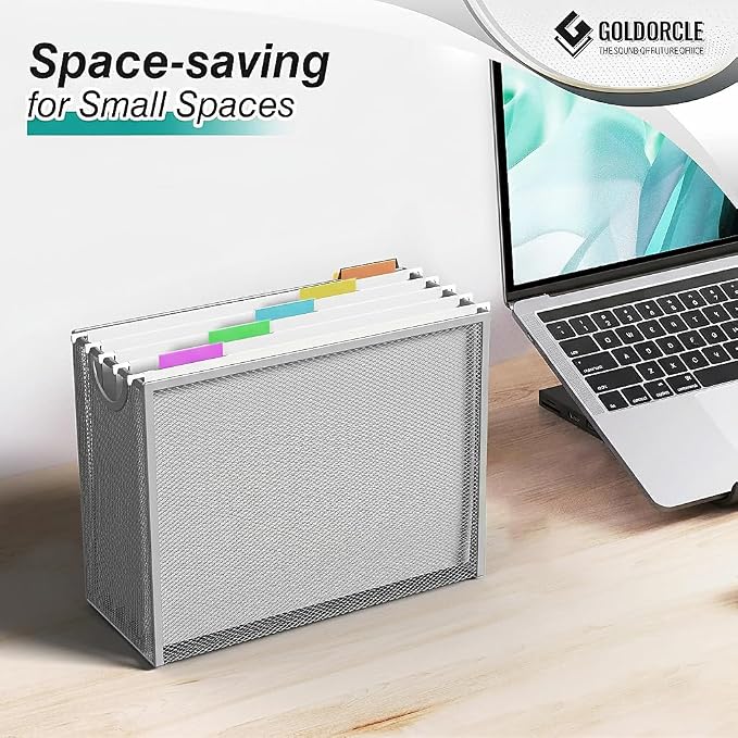 Letter-Size Hanging File Organizer (Silver, with 5 Grey Folders) | File Holder Filing Box for Desk, Metal Mesh Desk File Folder Storage for Office(No Assembly Required)