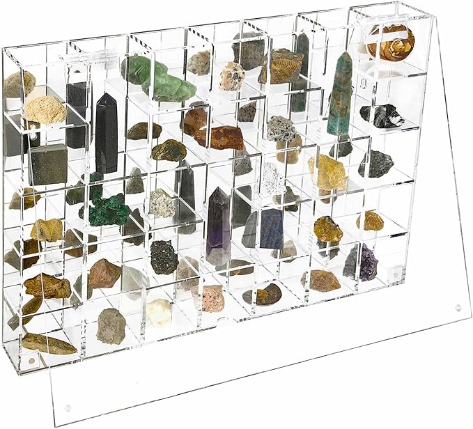 Adjustable Acrylic Display Case Clear Wall Mounted or Desktop 35 Room | Crystal Organizer Storage Cabinet Organizer for Collectibles, Figures, Rock Collection, with Mirrored & Lid