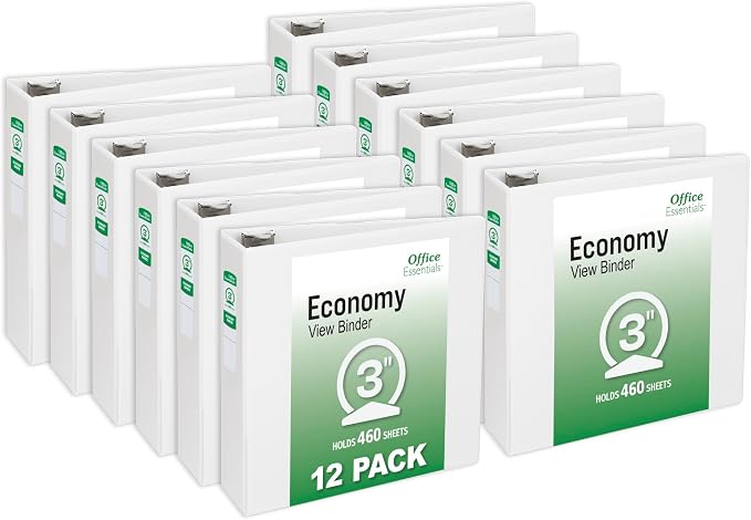 Office Essentials Economy View 3 Ring Binders, 3" Round Rings, 3.5" Spine, 460-Sheet Capacity, White Binders (12-Pack of 03430) | A practical choice for school, home and everyday organization with dependable performance at a great value.