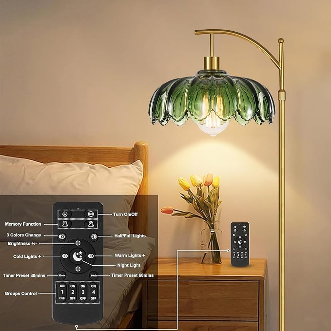 Gold Floor Lamps for Living Room,Glass Floor Lamp with Remote Control & Green Lampshade,Arc Flower Lamp Dimmable Mid Century Modern Standing Lamp Vintage Brass Tall Floor Lamp For Bedroom Corner