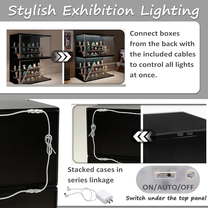Clear Display Case for Collectibles, 3-Tier Stackable LED Figure Display Case with Magnetic Door, Adjustable Showcase for Models, Miniatures, Jewly (Black,2PCS)