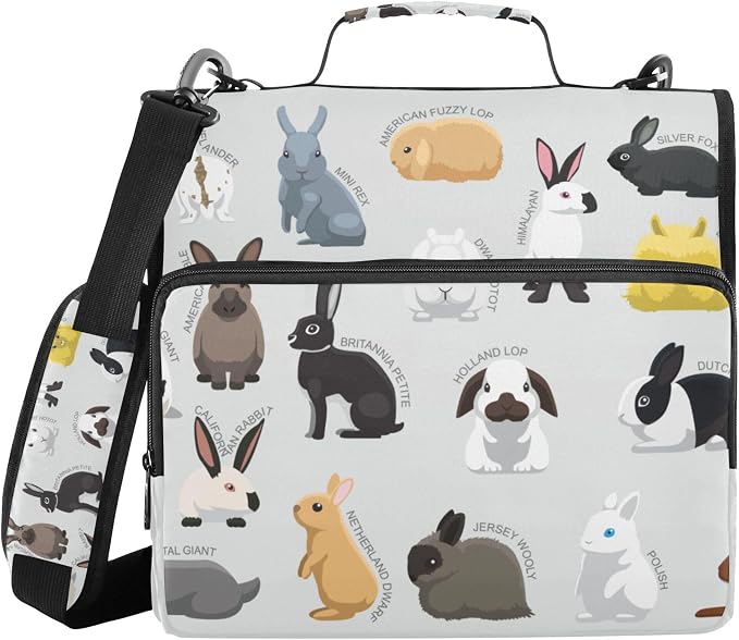 Fisyme Rabbit Bunny Zipper Binder 3 Ring with Zipper and Shoulder Strap Large Capacity Multi-Pocket Binder Organizer