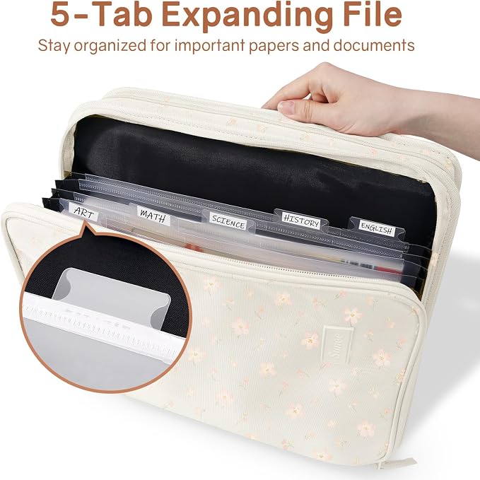 SUNEE Zippered Binder Bag with Handle, 2-Inch 3-Ring O-Ring, 500-Sheet Capacity, Includes Zip Pocket, 5-Tab Expanding File Folder, Multi-Pocket Organizer Binder for Middle School, Pink Little Flower