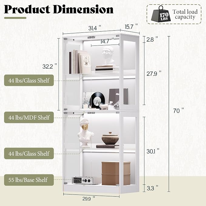 AMERLIFE 32-Inch RGB Display Cabinet with Glass Shelves | 70 H x 32 W x 16 D In, 4-Tier Storage, RGB LED Lights, Press-to-Open Doors, for Collectibles, White