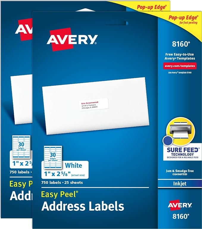 Avery® Easy Peel® Printable Address Labels, Sure Feed® Technology, 1" x 2-5/8" Customizable Stickers, White, 1,500 Blank Mailing Labels, Great for Mailing, Shipping, and More (2-Pack of 08160)