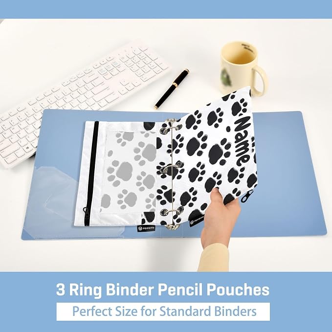 Custom Black Paws Print Pencil Pouch for 3 Ring Binder, 2 Pack Personalized Name Waterproof Pencil Bags Clear Window Pencil Case School Office Supplies