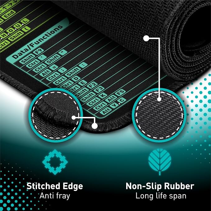 Pixiecube Excel Shortcut Keys Mouse Pad - Extended Large XXL Cheat Sheet Gaming Mousepad | PC Office Spreadsheet Keyboard Mat | Non-Slip Stitched Edge