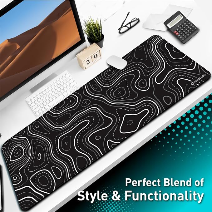 Pixiecube Minimalist Topographic Map Mouse Pad - Contour Extended Large Stitch Edge Mousepad. Black & White Non-Slip XXL Gaming Desk Mat