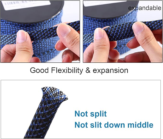 100ft - 3/8 inch PET Expandable Braided Sleeving – BlackBlue – Alex Tech Braided Cable Sleeve