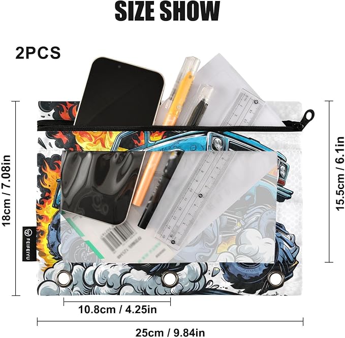 Truck Fire Pencil Pouch for 3 Ring Binder, 2 Pack Waterproof Pencil Bags Clear Window Zipper School Office Supplies