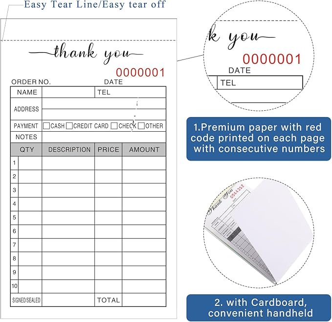 6 Pack Thank You Receipt Book, 3.4x5.5" Handheld 2-Part Carbonless Sales Invoice Book, Invoice Pad with Cardboard for Small Boutique Business, (50 Sets)