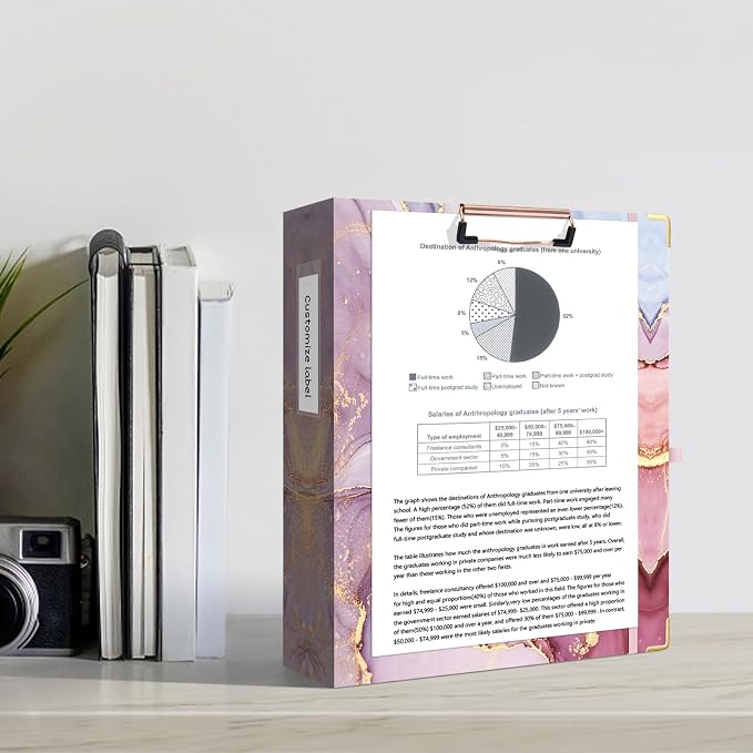 Ospelelf 3 Ring Binder, 2 Inch Letter Size (11" x 8.5") with 5 Tab Dividers, File Folder Labels and Low Profile Clipboards, Pink Marble Binder for School and Office Supplies
