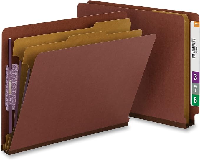 Smead 100% Recycled End Tab Pressboard Classification File Folder with SafeSHIELD Fasteners, 2 Dividers, 2" Expansion, Letter Size, Red, 10 per Box (26860)