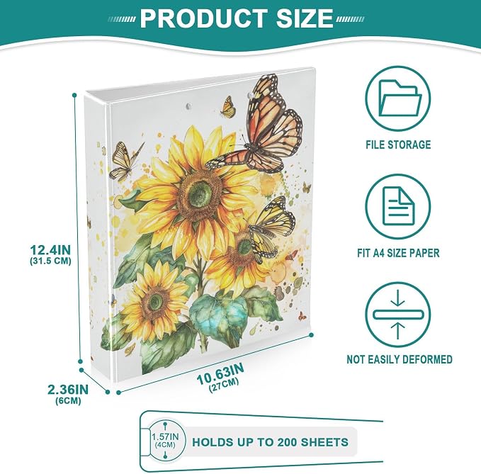 JIPONI 3 Ring Binder Sunflowers & Butterflies 1 Inch Round Binders for Men Women Students, Cute File Organizer for Office Home School