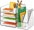FANXIYQ 4-Tier Acrylic Paper Tray Organizer with Bookends, Paper Organizer | Tool-Free Stackable 1-4 Tier Design with 2 Bookends for Files, Folders and A4 Paper; For School, Home Office and Study Room