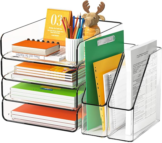 FANXIYQ 4-Tier Acrylic Paper Tray Organizer with Bookends, Paper Organizer | Tool-Free Stackable 1-4 Tier Design with 2 Bookends for Files, Folders and A4 Paper; For School, Home Office and Study Room