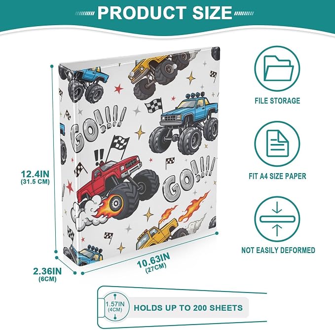 3 Ring Binder Truck Racing Car Flag Truck 1.5" Round Ring Binders View Binder with 200 Sheet for Kids School Supplies Women Men Office, 1 Pack