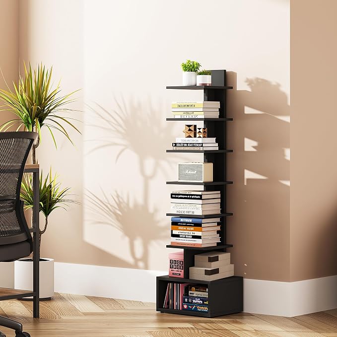 TUTOTAK Book Shelf, Narrow Spine Bookshelf, 8-Tier Bookcase for Small Space | 10.4 x 11.8 x 47.5 Inches Vertical Freestanding Corner Shelf for Living Room, Office, Study, Entryway, Black BS07BK008