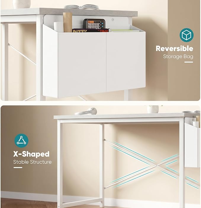 OLIXIS Computer Desk, 44 Inch Gaming Desks for Home Office Small Spaces | Writing Study Craft Work Table, Computer Workstation for Bedroom with Storage Bag, All White