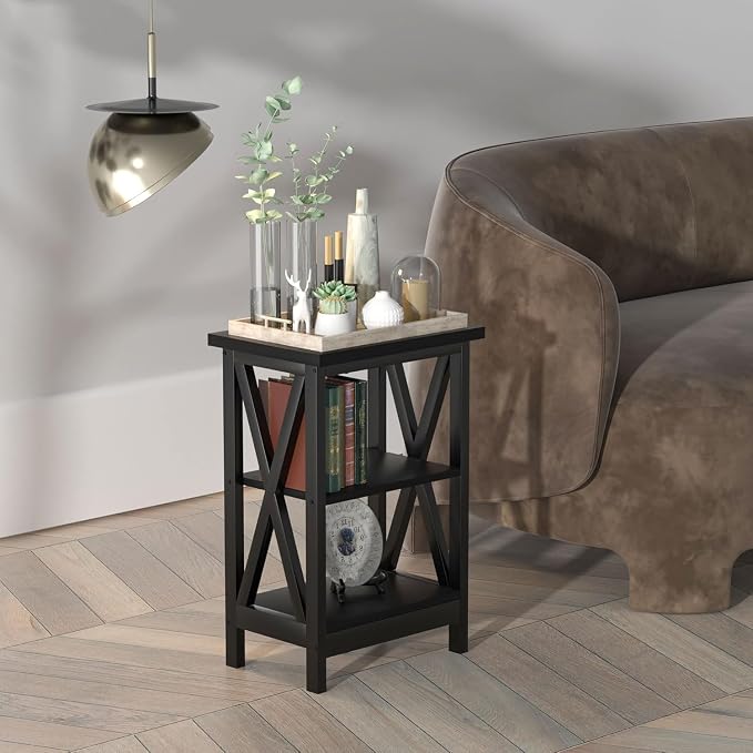 VECELO End Table, Bedside Table, 24" Tall Living Room End Tables, X-Design Reinforced Nightstands, Side Table with 3-Tier Storage Shelves for Small Spaces, Office, Bathroom, Bedroom, Black