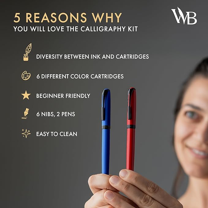Wordsworth and Black Calligraphy Pen Set - Blue - Includes 2 Calligraphy Pens, 18 ML Ink Bottle, 60 Ink Cartridges, Ink Refill Converter, 1 Medium and 4 Broad Nibs, Brush Pen