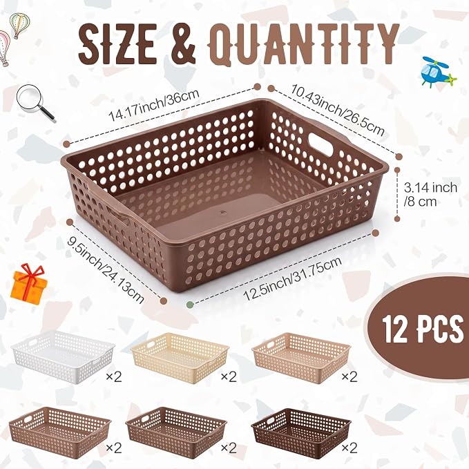 Geetery 12 Pack Classroom Storage Baskets with Handle,Gradient Brown | 14''x10'' Paper Tray Holds A4 Turn in Trays Plastic Paper Baskets Desk Organizer Bin for Classroom, Library, Office, Home