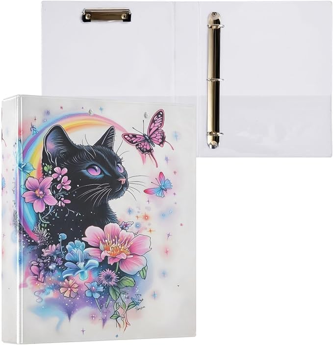 ALAZA 3 Ring Binder Beautiful Black Cat Clipboard Round Ring Binder Holds 1.5 Inch Three Rings Binders for Office Supplies, 1Pack