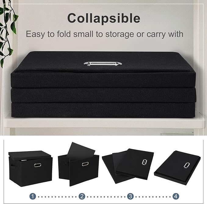 Graciadeco Large 17" 36 Quart Collapsible Stackable Storage Bins with Lids, 5 Packs Black Linen Fabric Closet Boxes with Lids, Storage Cube Baskets Container Organizers for Bedroom Office(17 x12 x11)