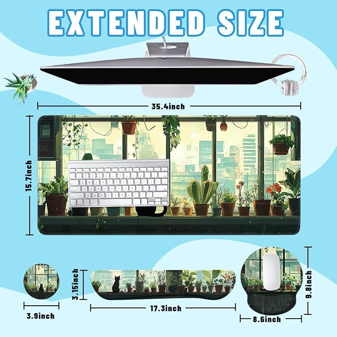 Cute Cat Mouse Pad Set Green Plants Cartoon Anime City Gaming Mousepad 4in1 Desk Mat for Desktop Wrist Support Cup Coaster Set Ergonomic Computer Desk Arm Wrist for Decor Home Office