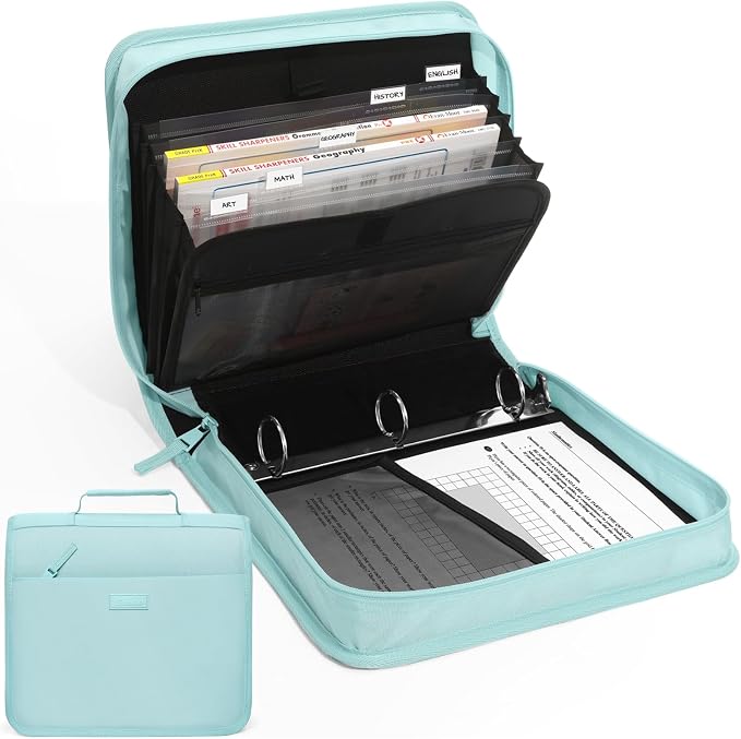 SUNEE Zipper Binder with Handle, 1.5 Inch O-Ring, 325 Pages Capacity, with 5-Tab Expanding File Folder for Classified Storage, Small Size Lightweight Zipper Bag, Sky Blue