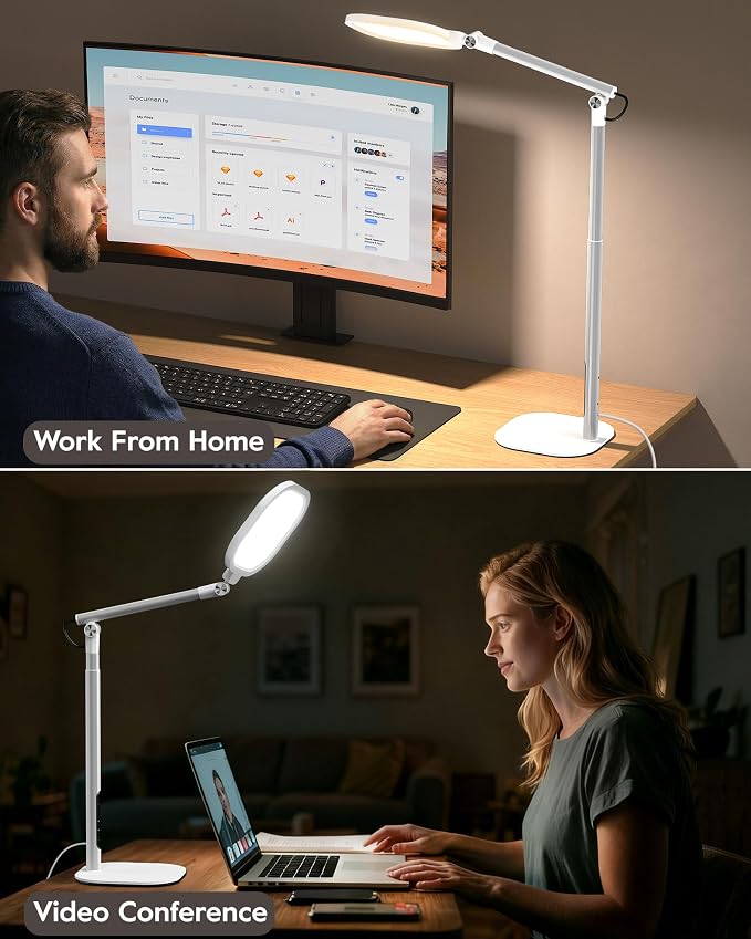 Tall LED Desk Lamps with Base, Edge-Lit Eye-Care, 50 Light Modes | 40" Height, Dimmable & Flexible, CRI>97.8, Memory and Timer Func, Stable Metal Base for Home Office, Video Calls & Drafting