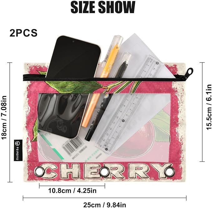 Red Cherry Print Pencil Pouch for 3 Ring Binder, 2 Pack Waterproof Pencil Bags Clear Window Pencil Case Zipper School Office Supplies