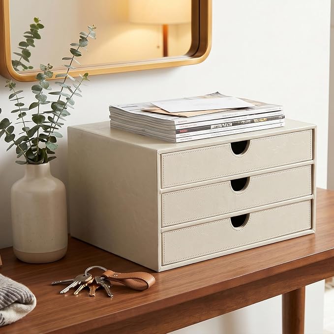 UnionBasic Document Organizer, 3-Drawer File Cabinet Document Storage Box, Office Desktop Filing Organizer, Creamy White | Document Storage Box, Office Desktop Filing Organizer, Printed Oil Faux Leather