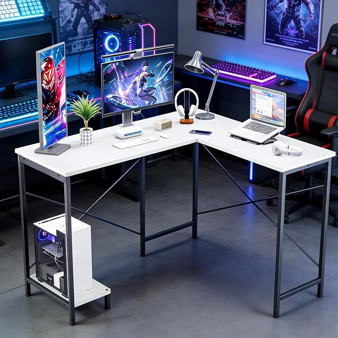 L Shaped Desk Computer Desk, 50inch White Gaming Desk with CPU Stand | Reversible Corner Desk, Sturdy Metal Frame, Student Study Writing Table for Home Office
