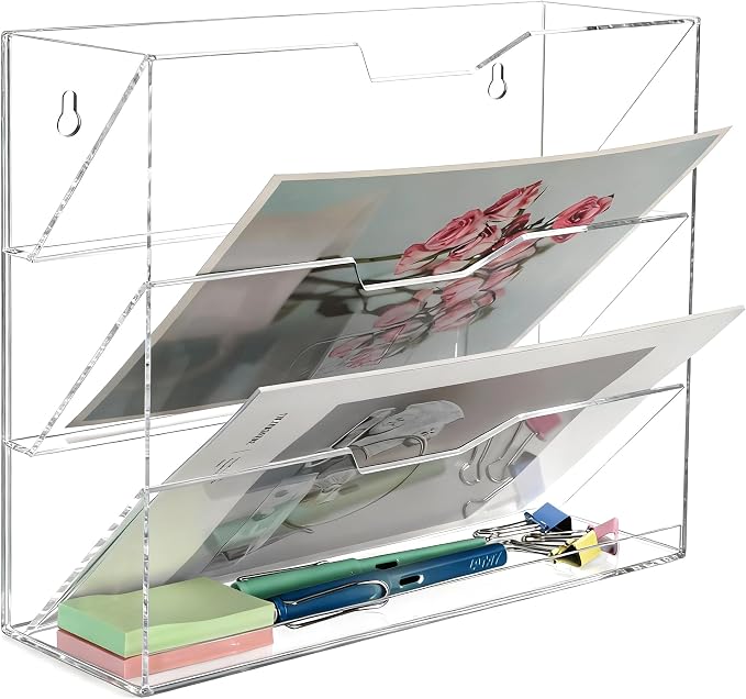 Hanging Wall File Organizer with 4 Pocket Tier - Acrylic Vertical Mail File Folder Holder Wall Mount Mail Magazine Rack with Bottom Tray for Office Home Countertop, Clear