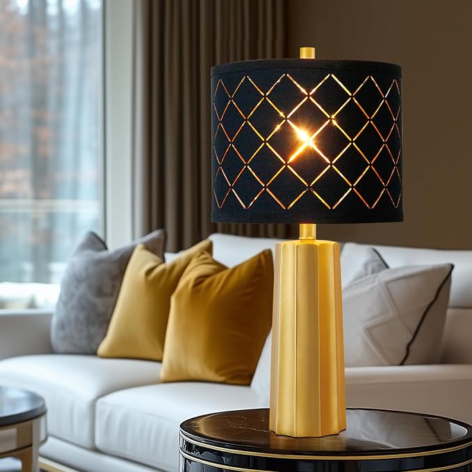 24" Modern Table Lamp for Living Room Bedroom Black Grid Shade | Gold Nightstand Resin Lamps Contemporary Desk Lamps for Bedside End Tables, 2 Bulbs Included (Gold)