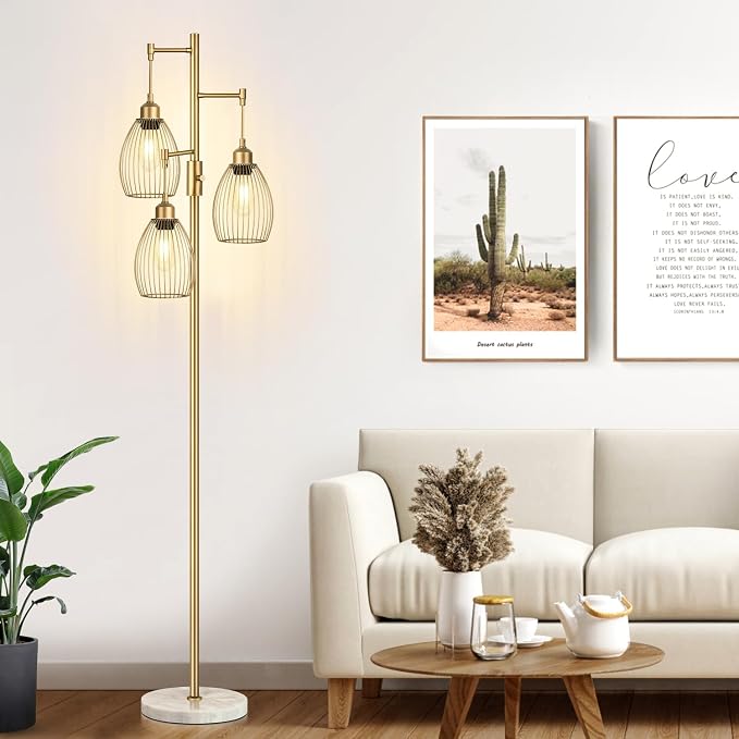 Torondo Dimmable Floor Lamps for Living Room, Industrial Standing Lamp with Marble Base, Gold Tree Tall Pole Light with 3 Elegant Teardrop Cage Head & 800 Lumens LED Bulbs for Bedroom Office