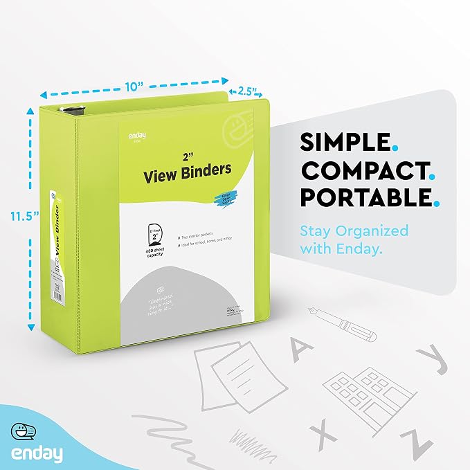 Enday 2 inch 3 Ring Binder (12 Pack - Green) Binder 2 inch with Clear View Cover and 2 Inside Pocket - for Letter Size 8.5 x 11'' Paper, Ideal for School Supplies, Office, and Home