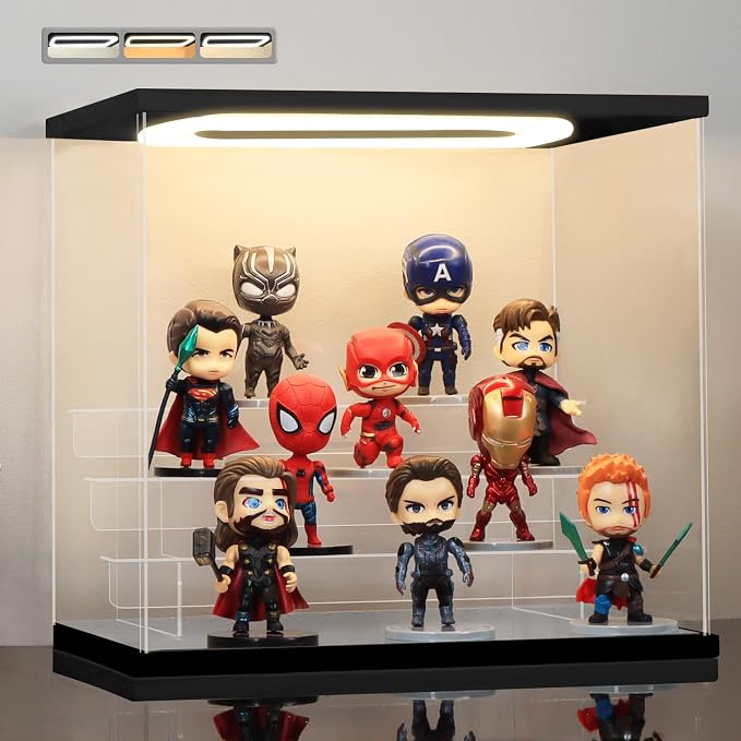 Clear Acrylic Display Case with Light 4 Tier Display Storage Box Assembly Dustproof Showcase for Collectibles Action Figures(Black, 12.0*8.9*10.9inch)