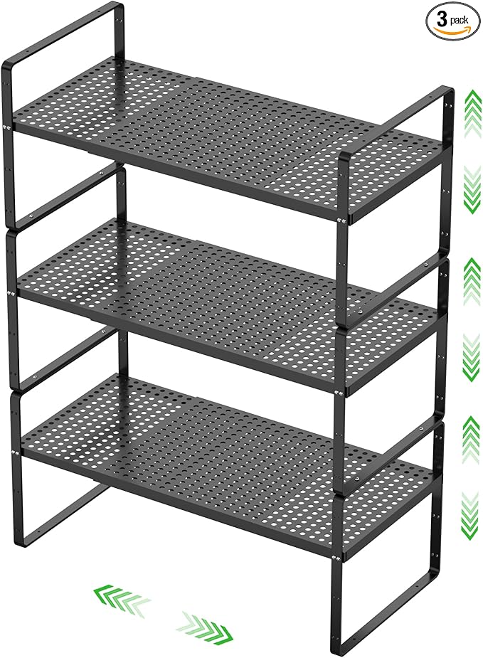 SOFRON Expandable Cabinet Storage Shelf Stackable Organizer Rack for Kitchen Bathroom Pantry Spice Cupboard Coffee Countertop Home Office Desk Heavy Duty Nonslip Black Small 3 Packs