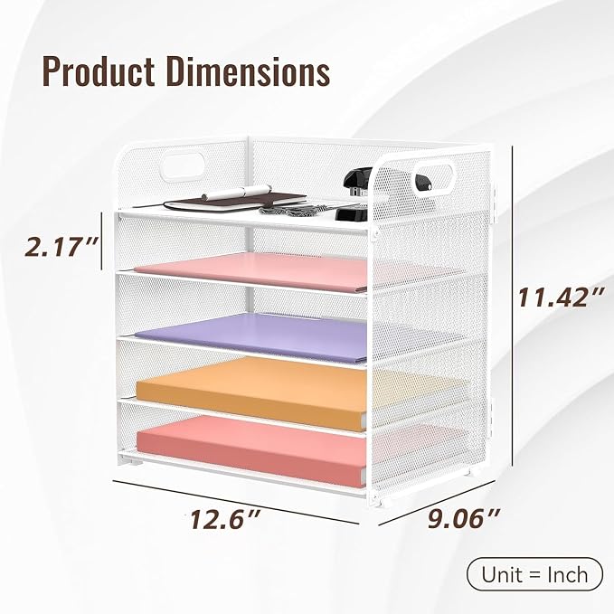 5 Trays Paper Organizer Letter Tray with Handle-Mesh Desk File Holders, Paper Sorter Desk Organizer for Office, Home, Classroom or School, White