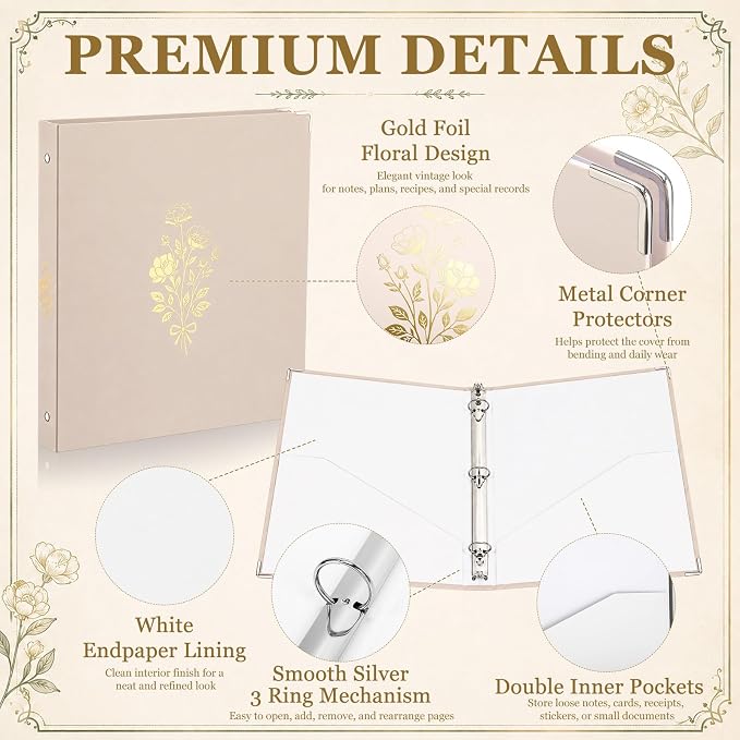 ReliThick 8 Pcs Aesthetic 3 Ring Binders, 1 Inch with Pockets,Beige | Paper Covers, 175 Sheet Capacity, 2 Inner Pockets, Organizer for 8.5" x 11" Letter Size, School, Office, Home,Floral Color