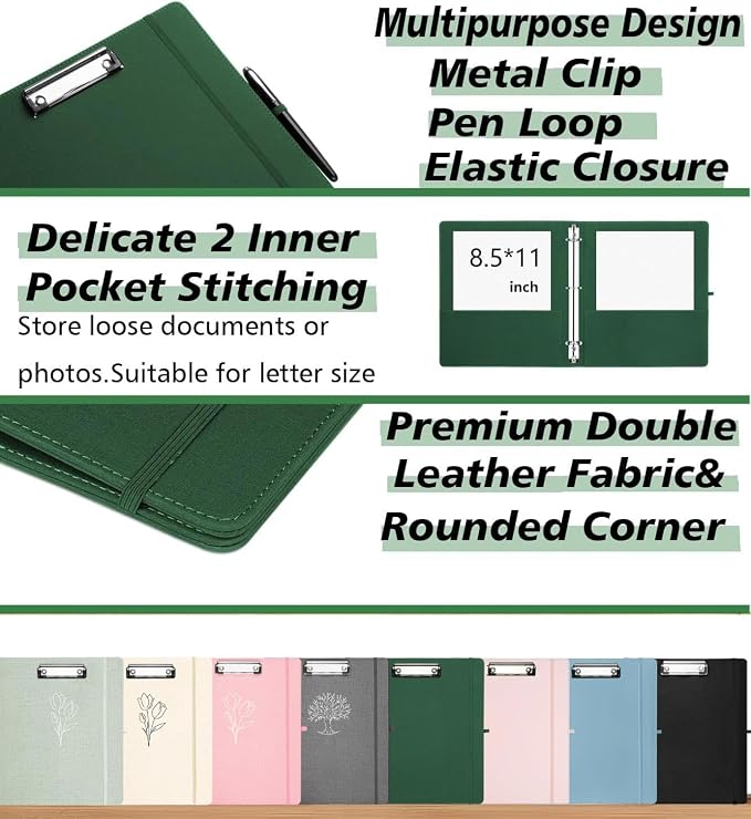 1 Inch 3 Ring Linen Binder Organizer, BVSSX Three Ring Binders with Clipboard, Plastic Folder, 5-Tabs Pocket Dividers with Sticker Labels, Pen Loop, Elastic Strap (Green,Letter Size)