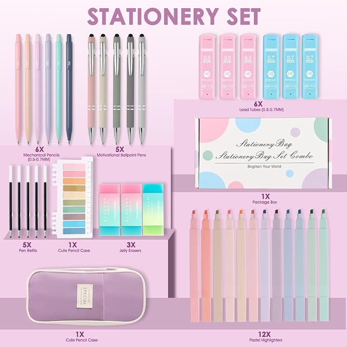 39PCS Aesthetic School Supplies with Cute Pencil Case, 5X Ballpoint Pens with Stylus Tip, 12X Pastel Highlighters, 6X Mechanical Pencil Set 0.5&0.7mm, Suit for Preppy School College Essentials(purple)
