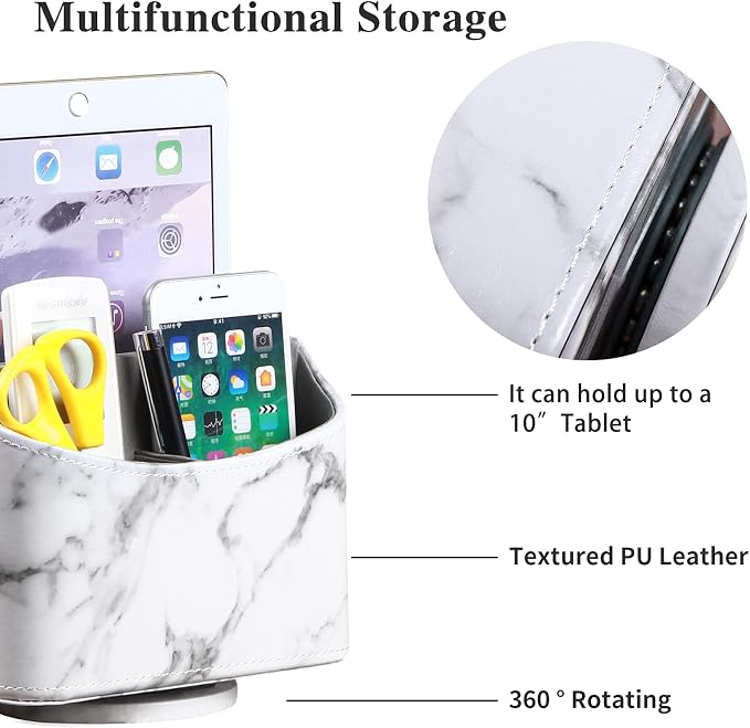 360° Spinning Remote Control Holder,TV Remote Caddy for Nightstand Table | PU Leather Swivel Nightstand Storage Box for Media player Controllers,Makeup Brush,Glasses,Stationery,Office Desk Accessories
