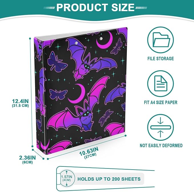 3 Ring Binder, Purple Bat Gothic File Folder Holds 200 Sheets File Storage for Women Men School Office Supplie