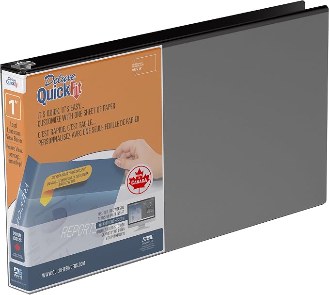 Quickfit Heavy-Duty 8.5" x 14" Landscape Legal Binder, 3-Ring Binder, Round Ring, Black, Single, 1 Inch
