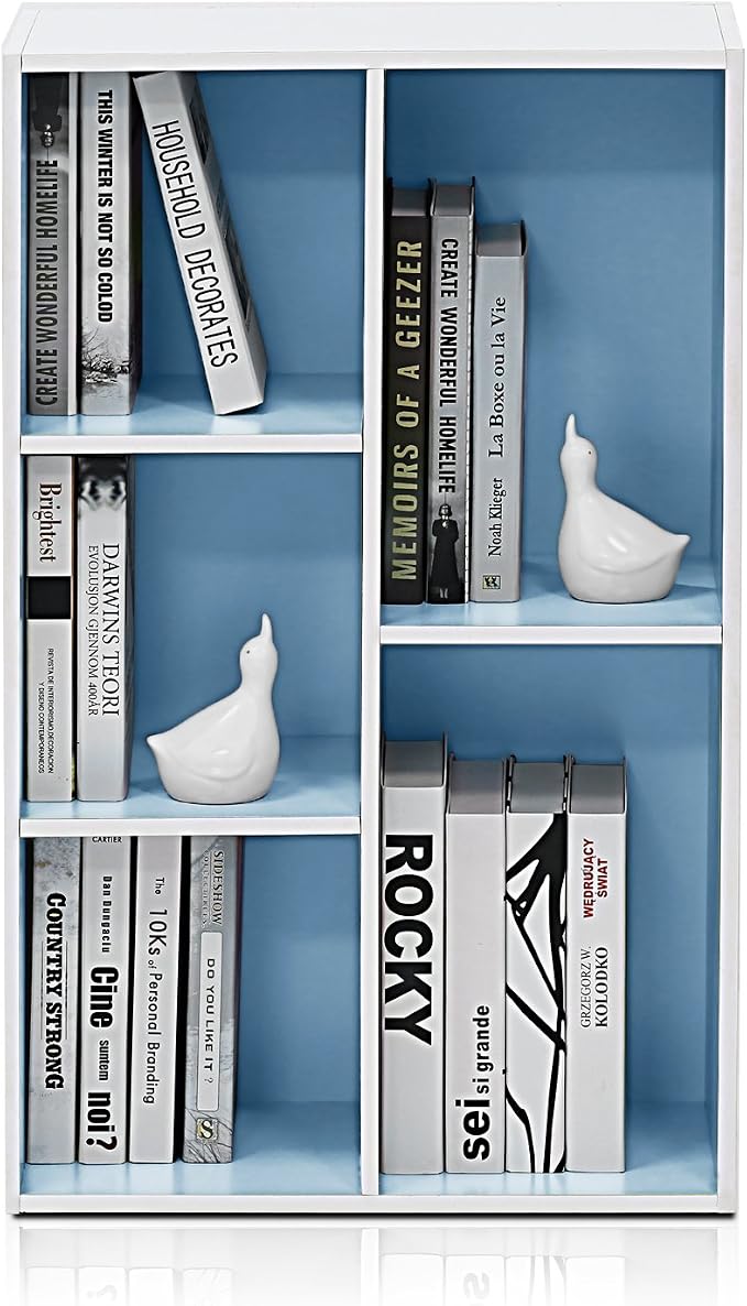 Furinno LUDER Book Shelf, 5-Cube Bookshelf, Reversible Bookcase, 9.4 x 19.5 x 31.5, Easy Assembly, for Living Room, Bedroom, Home Office, White/Light Blue